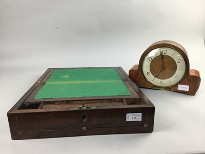 Lot 533 - A ROSEWOOD LAP DESK AND A SMITHS MANTEL CLOCK