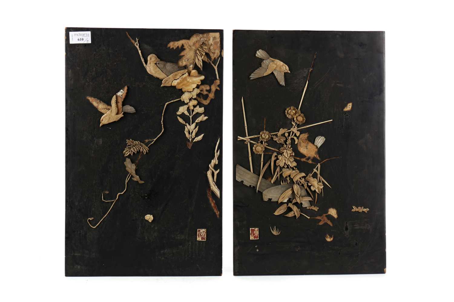 Lot 610 - A PAIR OF EARLY 20TH CENTURY PAIR OF CHINESE WALL PANELS