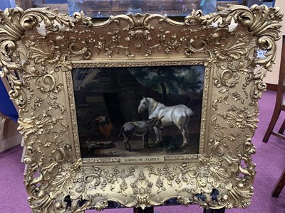 Lot 98 - A HORSE, DONKEY AND A LADY BEFORE A COUNTRY COTTAGE, AN OIL ATTRIBUTED TO KAREL DU JARDIN