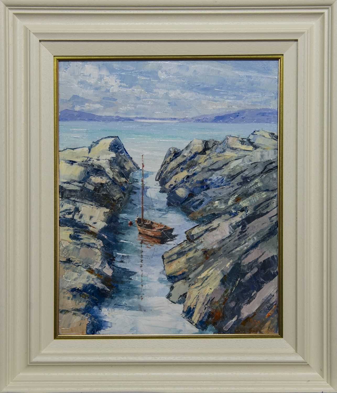 Lot 613 - CLINKER IN THE CLEAR, WEST HEBRIDES, AN OIL BY ERNI UPTON