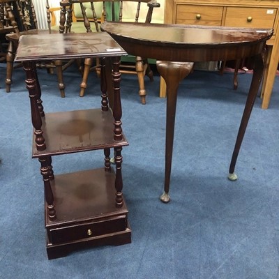 Lot 508 - A REPRODUCTION MAHOGANY THREE TIER TABLE AND A DEMI LUNE TABLE