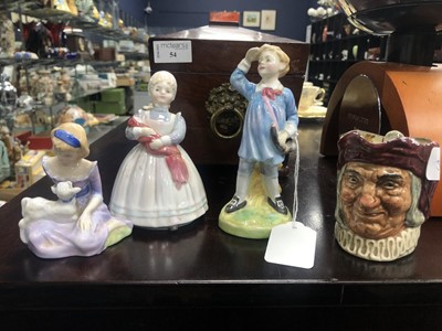 Lot 572 - A ROYAL DOULTON FIGURE OF 'LITTLE BOY BLUE', TWO OTHER FIGURES AND A CHARACTER JUG