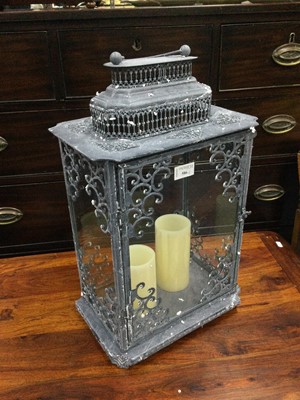 Lot 586 - A LARGE MODERN CANDLE LANTERN AND FOUR OTHERS