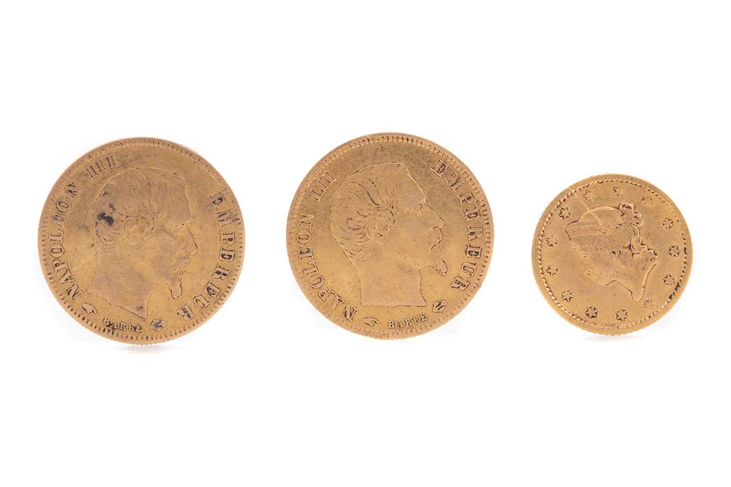 Lot 33 - TWO NAPOLEON III FIVE FRANC COINS AND A GOLD ONE DOLLAR