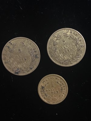 Lot 33 - TWO NAPOLEON III FIVE FRANC COINS AND A GOLD ONE DOLLAR