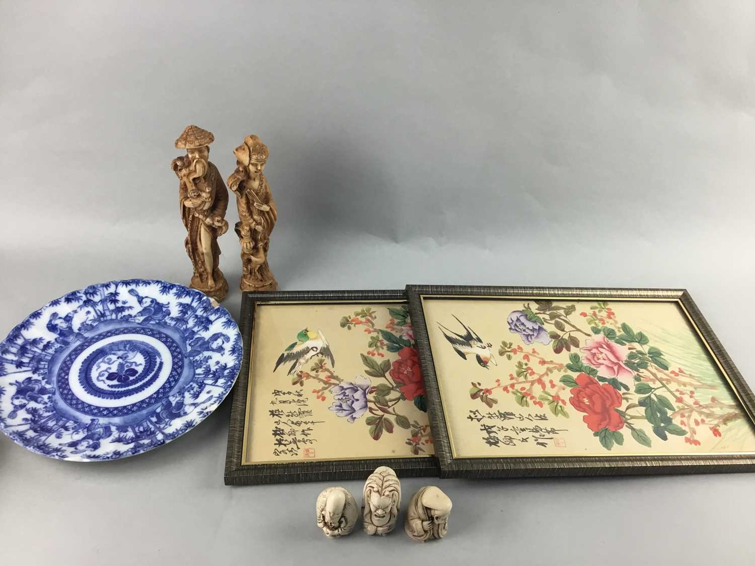 Lot 28 - A LOT OF FIGURAL CARVINGS, PLATES AND PICTURES