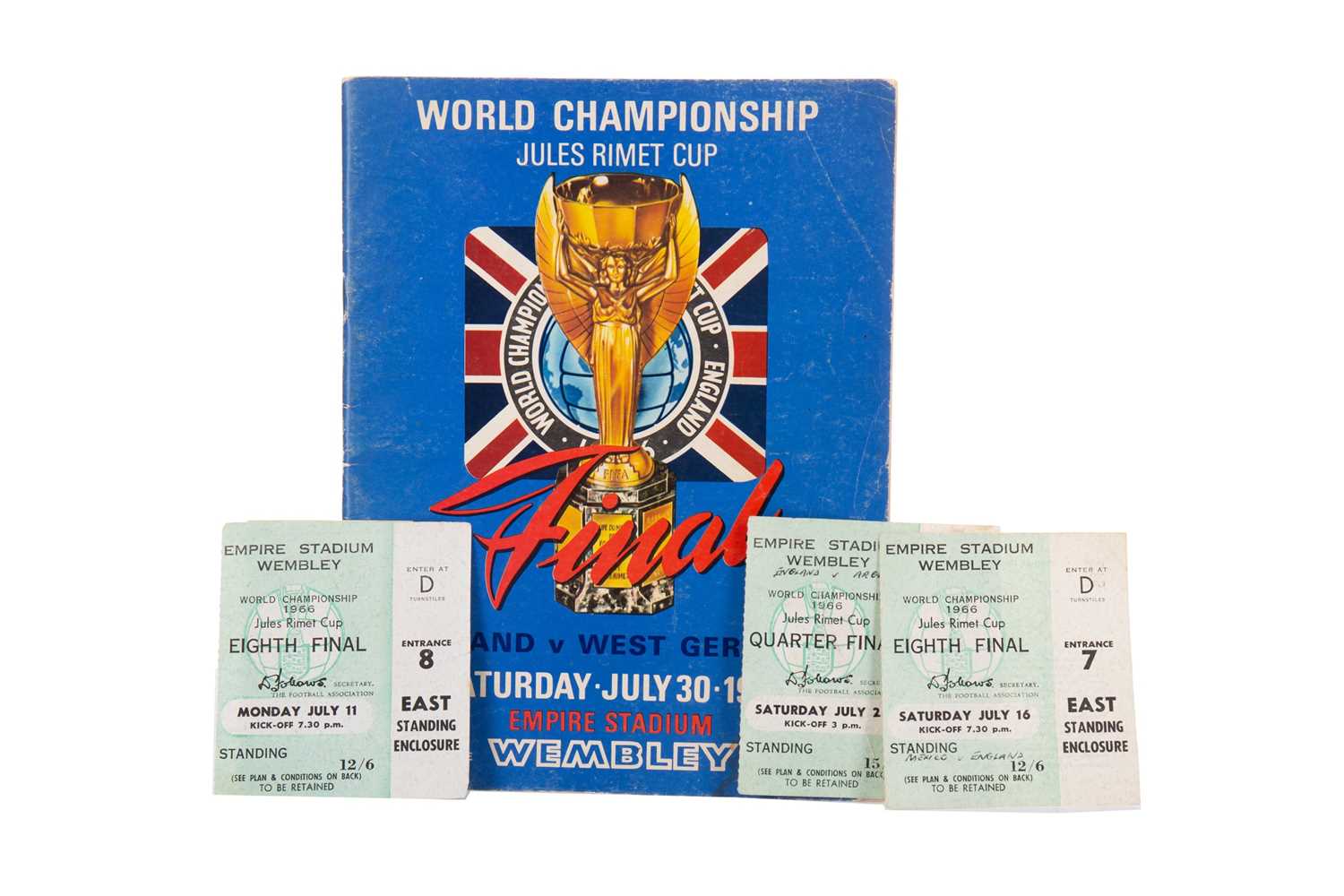 Lot 1729 - AN ENGLAND VS. WEST GERMANY WORLD CUP FINAL PROGRAMME 1966, ALONG WITH FOUR TICKET STUBS
