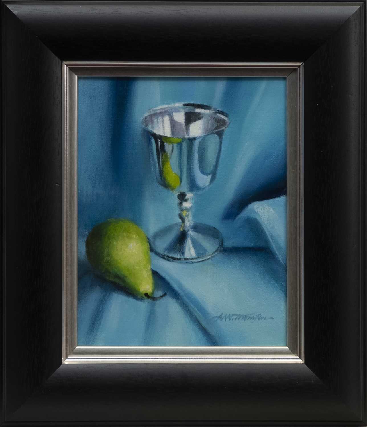 Lot 77 - SILVER GOBLET AND PEAR, AN OIL BY ALASTAIR THOMSON