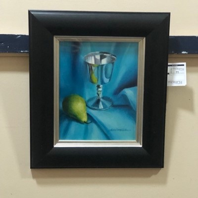 Lot 77 - SILVER GOBLET AND PEAR, AN OIL BY ALASTAIR THOMSON