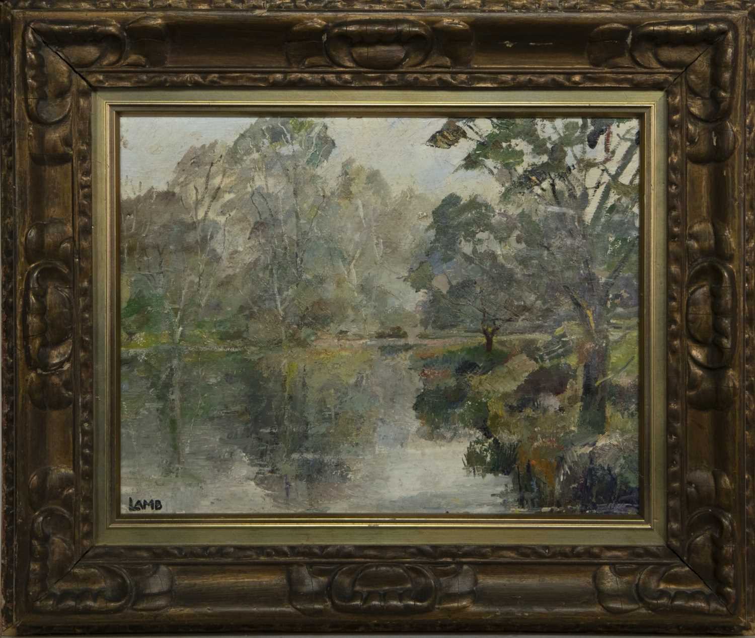 Lot 108 - WOODED RIVER SCENE, AN OIL BY CHARLES VINCENT LAMB