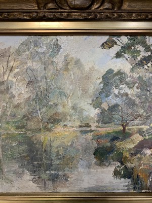 Lot 108 - WOODED RIVER SCENE, AN OIL BY CHARLES VINCENT LAMB