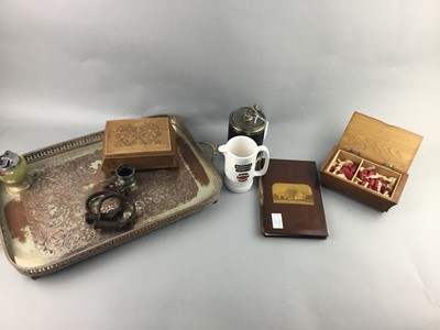 Lot 132 - A MAUCHLINE BOUND BOOK, TRAY, CASKETS, TABLE LIGHTER AND OTHER ITEMS