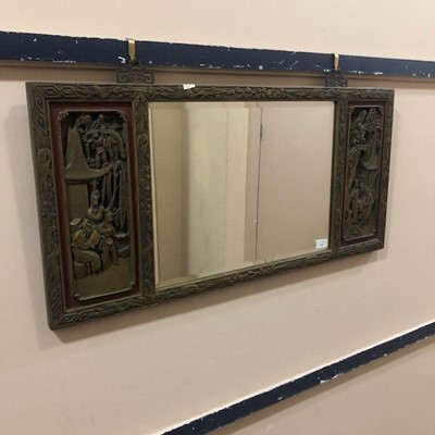 Lot 134 - A 20TH CENTURY CHINESE GILDED AND RED LACQUERED WALL MIRROR