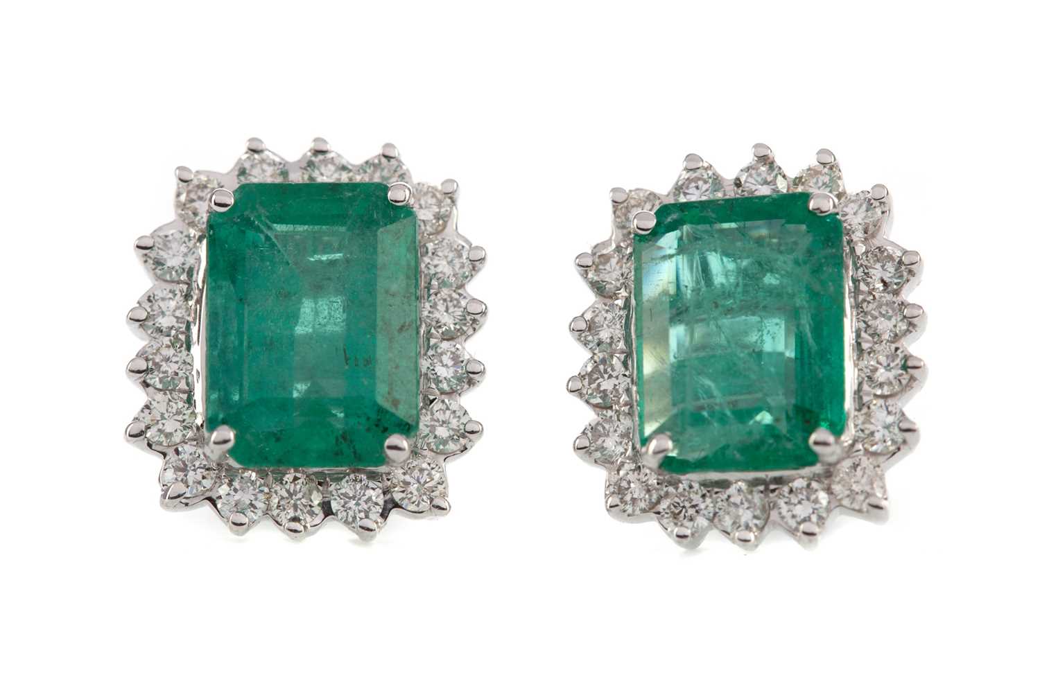 Lot 354 - A PAIR OF EMERALD AND DIAMOND EARRINGS