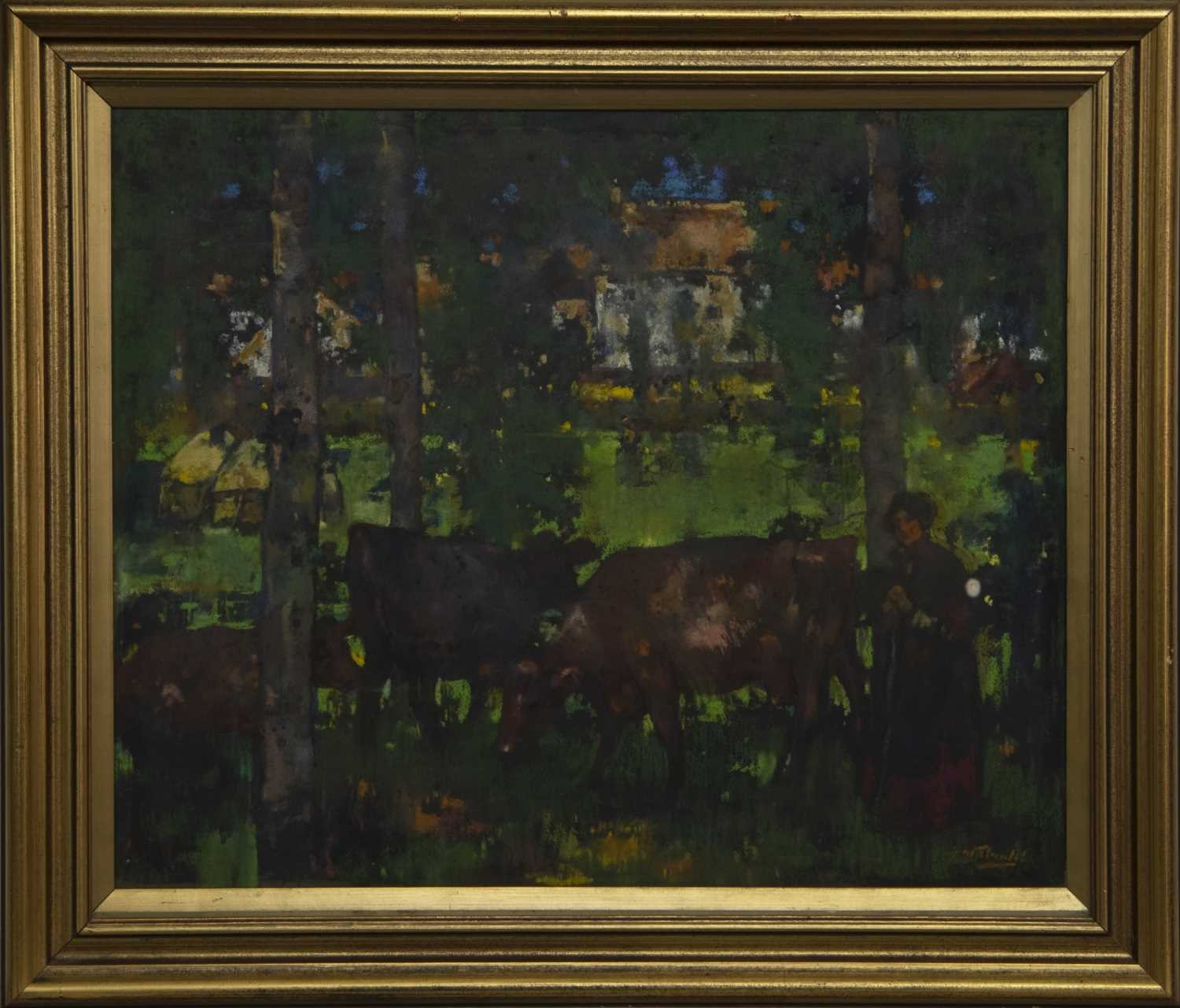 Lot 121 - CATTLE WITH FIGURES, A PASTEL BY JAMES WATTERSON HERALD