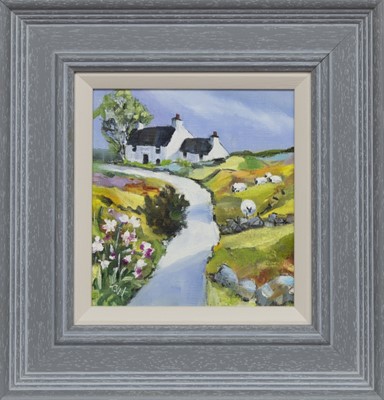 Lot 673 - SHEEP COTTAGE, AN OIL BY CAROL WEST