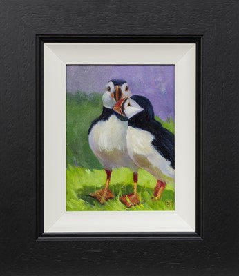 Lot 697 - TWO PUFFINS, AN OIL BY ZHANNA PECHUGINA