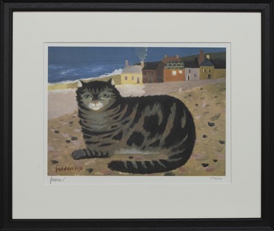 Lot 700 - CAT ON A CORNISH BEACH, A PRINT BY MARY FEDDEN