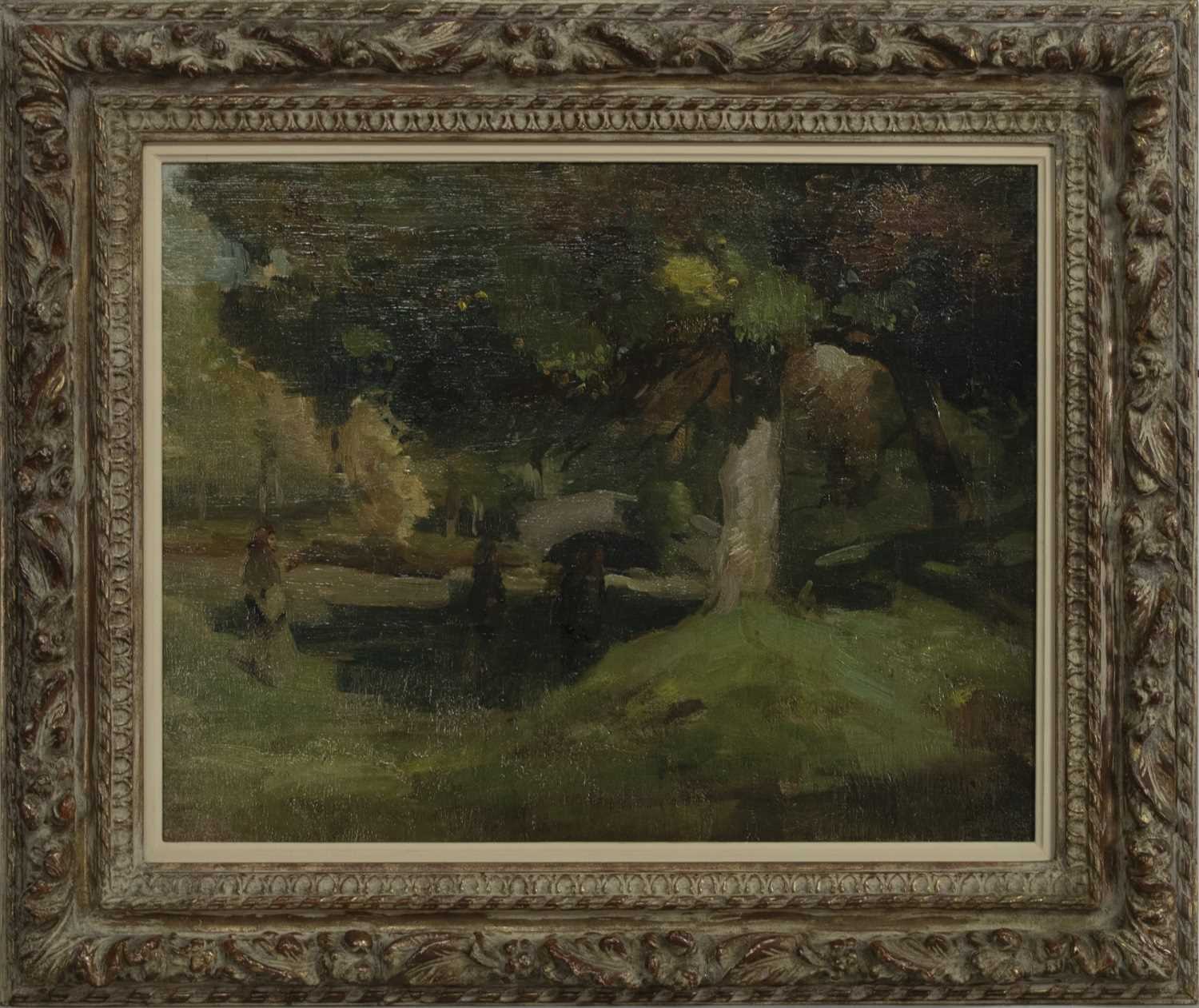 Lot 179 - A RIVER WALK IN SUMMER, AN OIL BY THOMAS BROMLEY BLACKLOCK