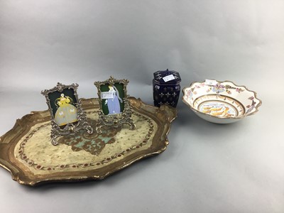 Lot 108 - A SILVER PLATED AND BRASS PICTURE FRAME, SERVING TRAY, BOWL AND A TEA CADDY