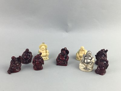 Lot 145 - A LOT OF VARIOUS BUDDHA FIGURES AND TWO MINIATURE VIOLINS