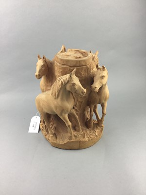 Lot 148 - A MODERN CARVED WOOD GROUP OF HORSES