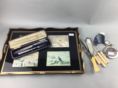 Lot 179 - A DOUBLE HANDLED TRAY, PLATED CUTLERY AND TWO DRESS WATCHES
