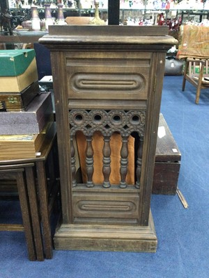 Lot 315 - AN EASTERN CARVED SIDE CABINET AND AN OAK NEST OF THREE TABLES