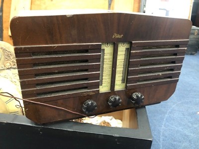 Lot 351 - A PAINTED WOOD BLANKET CHEST, PILOT RADIO AND A GRANDFATHER CLOCK FACE