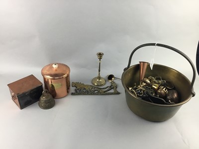 Lot 338 - A PAIR OF BRASS CANDLESTICKS, JELLY PAN AND OTHER ITEMS