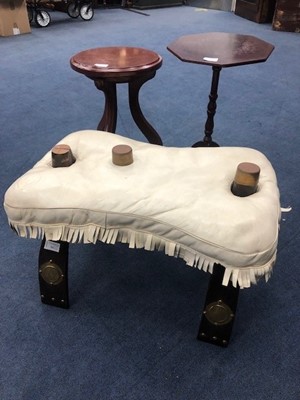 Lot 361 - A CAMEL STOOL AND TWO MAHOGANY OCCASIONAL TABLES