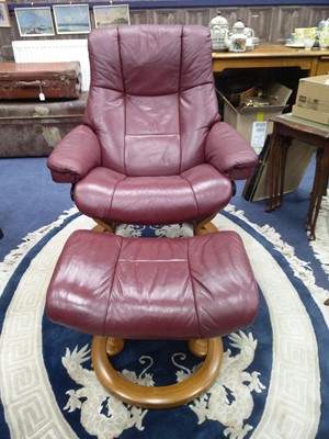 Lot 201 - A STRESSLESS RECLINER LEATHER ARMCHAIR AND FOOTSTOOL