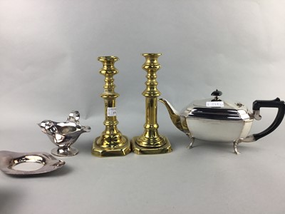 Lot 374 - A PAIR OF BRASS CANDLESTICKS, SILVER PLATED TEA SERVICE AND OTHER ITEMS