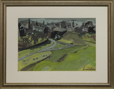 Lot 575A - EDINBURGH OLD TOWN FROM HOLYROOD PARK, 1965, A GOUACHE BY JOHN CUNNINGHAM