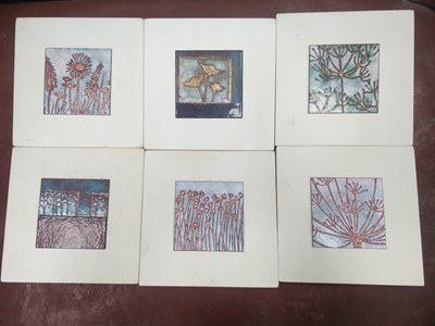 Lot 217 - A LOT OF SIX ENAMEL ON COPPER ART TILES BY JANINE PARTINGTON