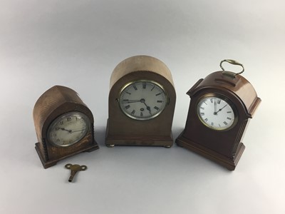 Lot 394 - AN OAK CASED MANTEL CLOCK AND TWO OTHERS