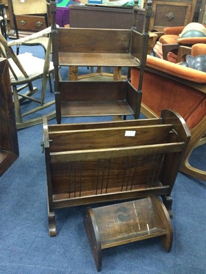 Lot 400 - A MAHOGANY OPEN BOOKCASE, MAGAZINE RACK AND BOOK TROUGH