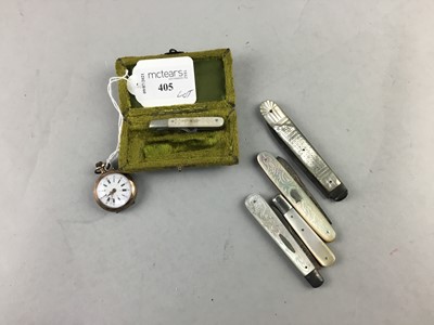 Lot 405 - A VICTORIAN FOB WATCH, FRUIT KNIVES AND A BUTTON HOOK