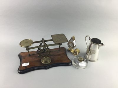 Lot 406 - A SET OF VICTORIAN BRASS AND WALNUT POSTAL SCALES, A TIMEPIECE, GLASS INKEWELL AND OTHER ITEMS