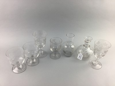 Lot 409 - A GROUP OF FIVE 19TH CENTURY AND LATER STEMMED GLASSES AND A DECANTER