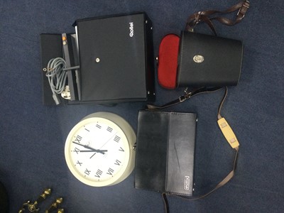 Lot 410 - A PAIR OF BINOCULARS, CAMERA, PROJECTOR AND WALL CLOCK