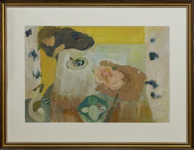 Lot 559 - GIRL AND DOG AT A TABLE, A GOUACHE BY BRENDA LENAGHAN