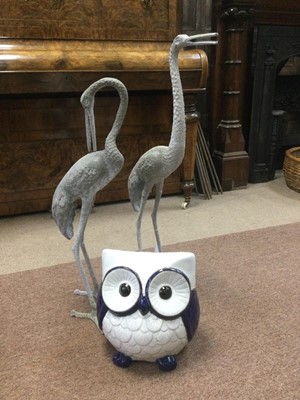 Lot 456 - A LOT OF TWO METAL HERON GARDEN FIGURES AND MODERN CERAMIC MODEL OF AN OWL