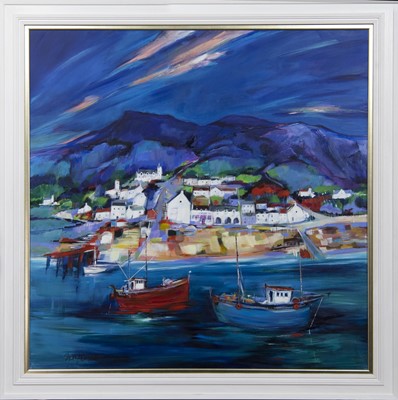 Lot 758 - SUMMER MORNING, ULLAPOOL, AN ACRYLIC BY SHELAGH CAMPBELL