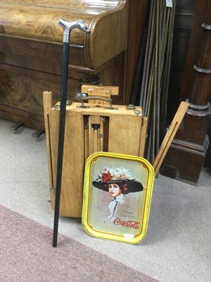 Lot 473 - AN ARTIST'S EASEL ALONG WITH A TRAY AND CANE