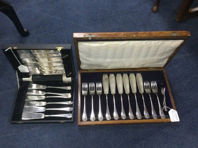 Lot 298 - A SET OF SIX PLATED FISH KNIVES AND FORKS AND OTHER FL`ATWARE