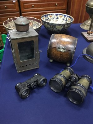 Lot 510 - A LANTERN, GLASSES AND TEA CADDY