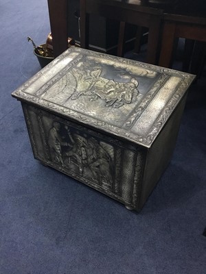 Lot 521 - A BRASS EMBOSSED LOG BOX AND OTHER BRASS WARE