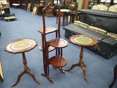 Lot 523 - A MAHOGANY FOLDING CAKE STAND AND TWO MAHOGANY TRIPOD TABLES