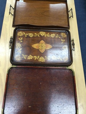 Lot 568 - A MAHOGANY SERVING TRAY AND TWO OTHER TRAYS